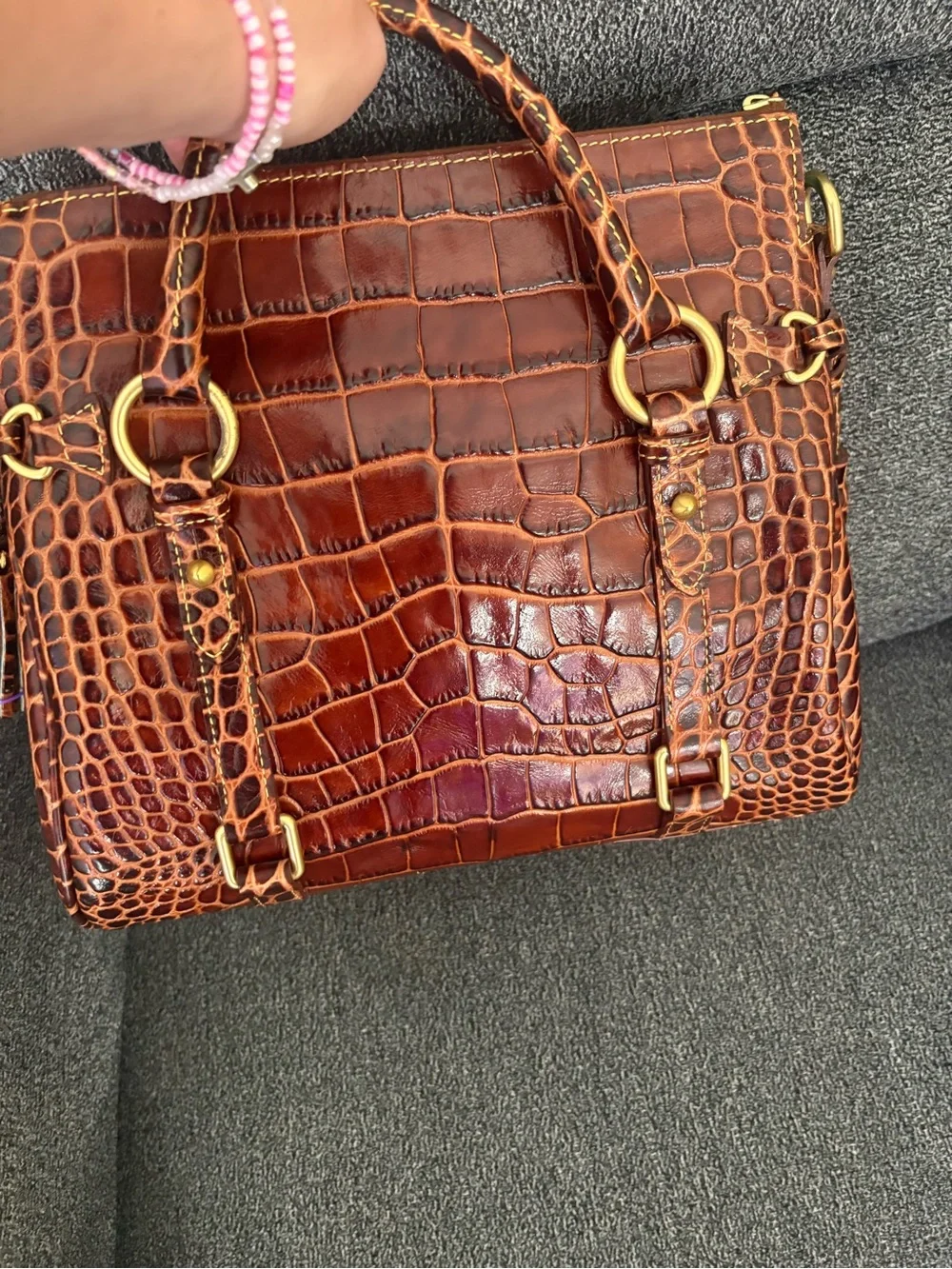 Dooney & Bourke Brown Croco Fino Croc-Embossed Satchel with Gold Hardware